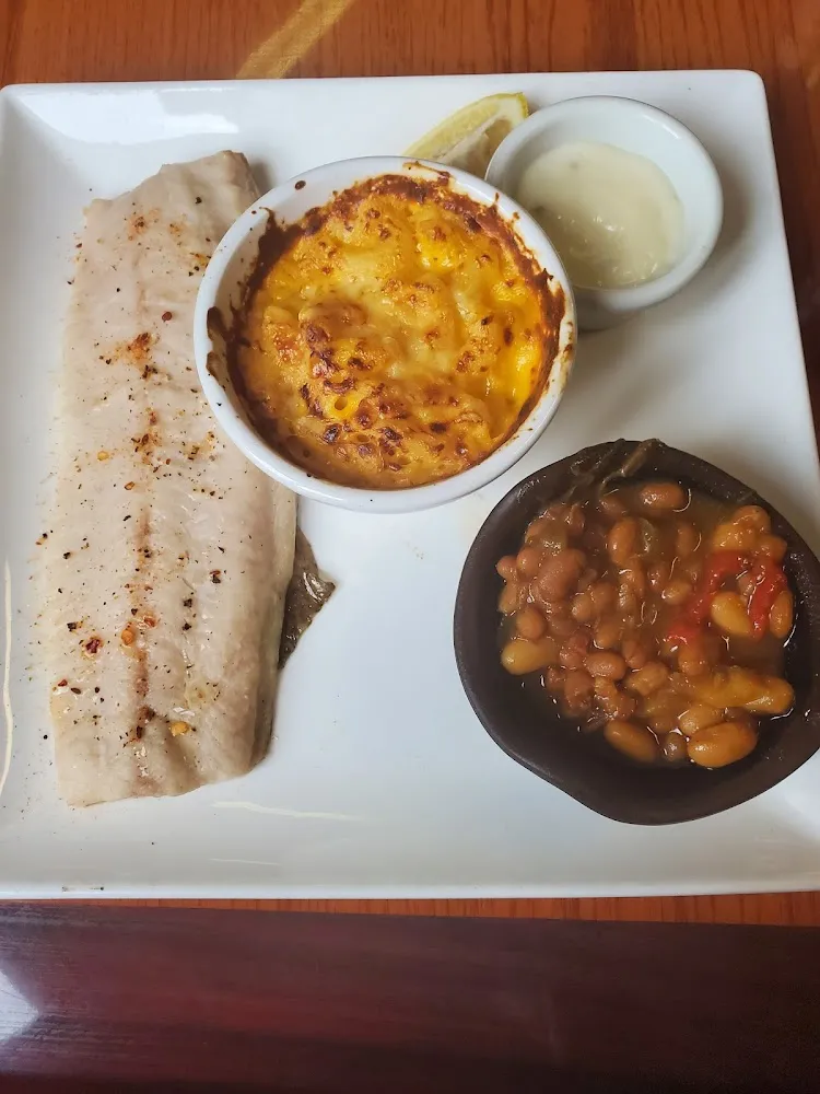 Grilled Whitefish Macaroni and Cheese and Baked Beans